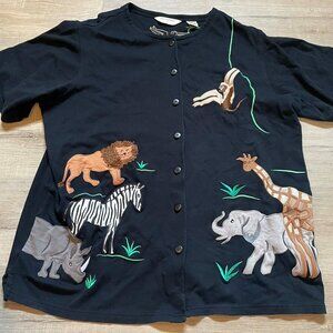 Vtg Bechamel Black Cotton Jersey Cardigan Button Top Safari Animals Zoo Women 2x